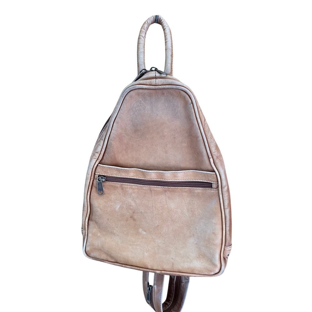 Vintage boulder ridge tan leather small backpack purse bag pockets Columbia